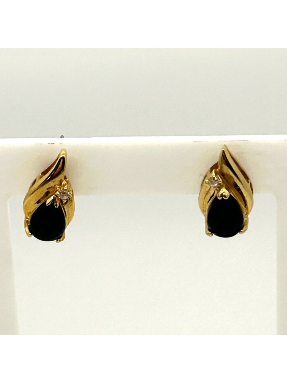 Vintage Gold Tone Teardrop Earrings With Black Stone & Rhinestone Accent